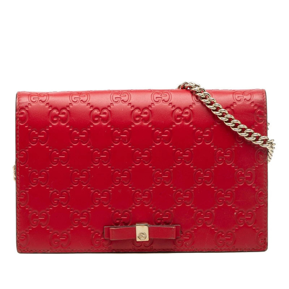 Gucci Ribbon Gucci Guccissima Chain Wallet Shoulder Bag Red Leather